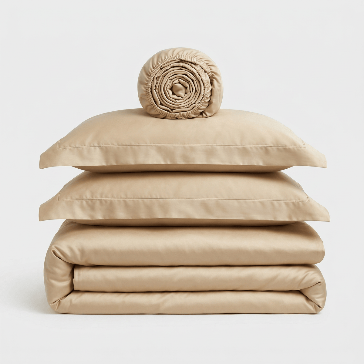 Minimalist Cream bedding set, folded: duvet cover, two pillowcases and a rolled sheet
