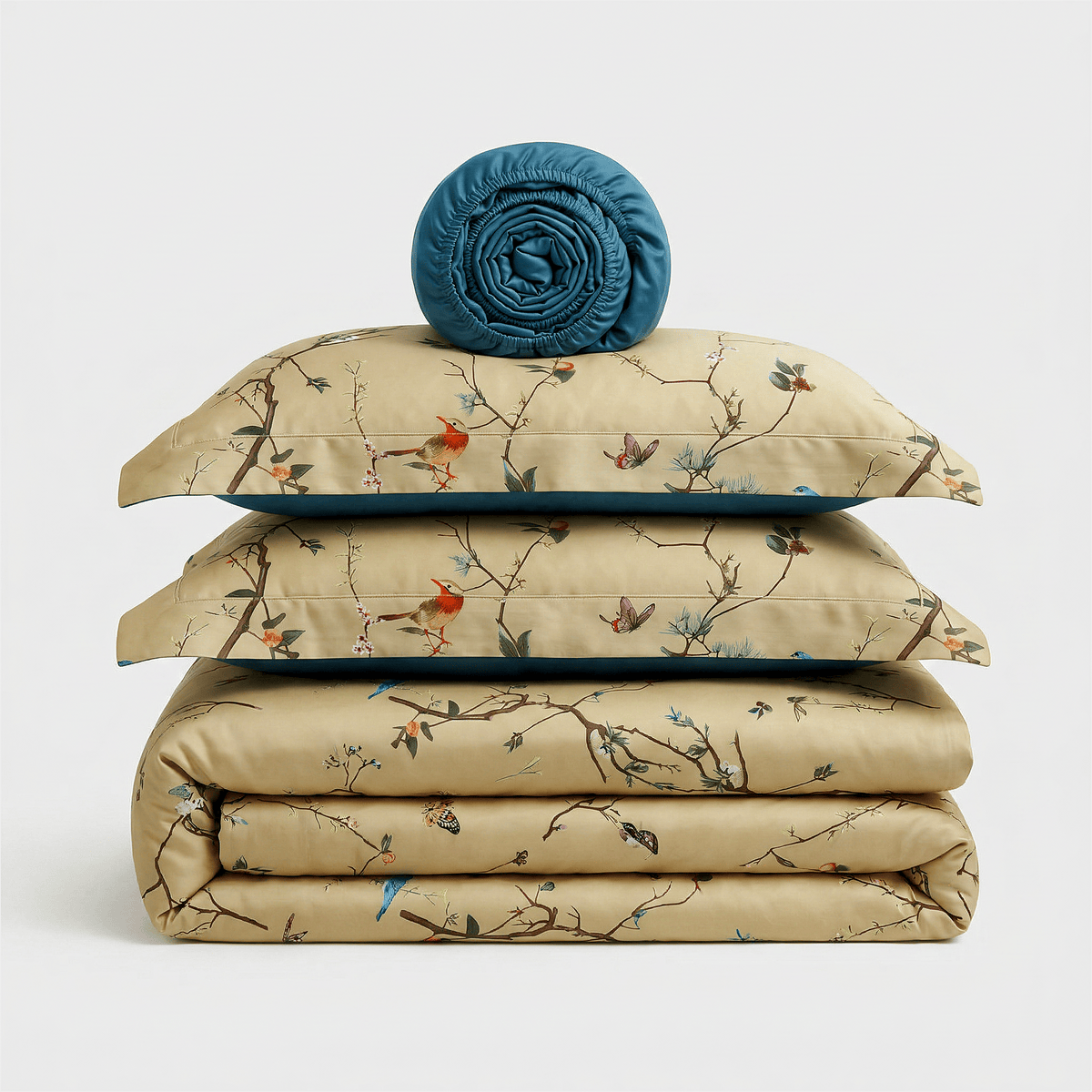Birds and Flowers bedding set, folded: duvet cover, two pillowcases and a rolled sheet