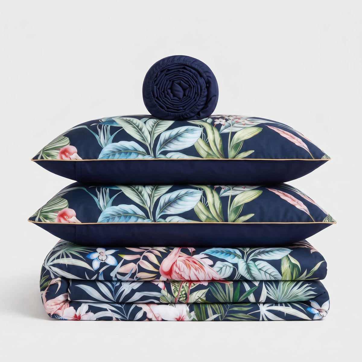 Paradise Flamingo Blue bedding set, folded: duvet cover, two pillowcases and a rolled sheet